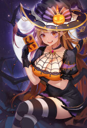 1girl absurdres arm_under_breasts black_dress black_gloves blonde_hair blush breasts broom broom_riding candle cleavage commentary crossed_legs dress english_commentary full_moon gloves halloween halloween_costume hat hat_ribbon highres holding large_breasts large_hat looking_at_viewer moon multicolored_clothes open_mouth orange_eyes orange_tank_top original pumpkin_hat_ornament purple_skirt ribbon scar scar_on_face skirt smile solo spider_web_pattern striped_clothes striped_thighhighs tank_top thighhighs wellsy witch witch_hat