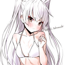 Rule 34 | 1girl, amatsukaze (kancolle), bikini, bikini top only, brown eyes, collarbone, commentary request, flat chest, highres, kantai collection, long hair, looking at viewer, one-hour drawing challenge, parted lips, silver hair, simple background, solo, swimsuit, takanashi kei (hitsujikan), twitter username, two side up, white background, white bikini