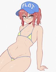 Rule 34 | 1girl, baseball cap, bikini, blush, breasts, collarbone, curvy, female pubic hair, flat cap, flat chest, glasses, hat, highres, kobayashi-san chi no maidragon, kobayashi (maidragon), looking at viewer, micro bikini, navel, ponytail, pubic hair, red eyes, red hair, skindentation, small breasts, solo, stomach, swimsuit, thick thighs, thighs, white background, wide hips, young savage