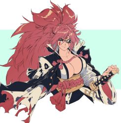 Rule 34 | 1girl, amputee, aqua background, baiken, belt, big hair, black jacket, black kimono, breasts, bright pupils, cleavage, closed mouth, collarbone, david liu, eyepatch, facial tattoo, guilty gear, guilty gear xrd, hand on hilt, highres, jacket, jacket on shoulders, japanese clothes, kataginu, katana, kimono, large breasts, long hair, looking at viewer, multicolored clothes, multicolored kimono, multiple belts, one-eyed, open clothes, open kimono, ponytail, red eyes, red hair, samurai, sash, scar, scar across eye, scar on face, sheath, sheathed, smile, solo, sword, tattoo, torn sleeve, two-tone background, upper body, weapon, white background, white belt, white kimono, white pupils
