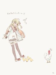 Rule 34 | 1girl, ahoge, babinch, bird, blonde hair, chick, chicken, dress, fortissimo, frilled dress, frills, full body, hair ornament, highres, hololive, hololive dev is, jacket, musical note, musical note hair ornament, open clothes, open jacket, otonose kanade, red eyes, ribbon, shoes, thighhighs, virtual youtuber, white background, white jacket