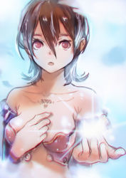 1girl absurdres bare_shoulders breasts brown_eyes brown_hair female_focus highres looking_at_viewer medium_breasts okuto original short_hair solo