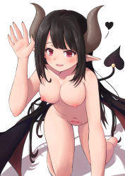 Rule 34 | 1girl, absurdres, all fours, b7669726, black hair, black nails, black wings, blush, breasts, commentary request, demon girl, demon horns, demon wings, heart, heart tail, highres, horns, looking at viewer, medium breasts, nail polish, nipples, nude, original, parted lips, pointy ears, pubic tattoo, purple eyes, simple background, solo, tail, tattoo, white background, wings