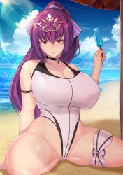 Rule 34 | 1girl, absurdres, arm up, aster crowley, beach, blush, breasts, circlet, cleavage, cleft of venus, fate/grand order, fate (series), food, highres, holster, huge breasts, kneeling, leotard, long hair, looking at viewer, navel, parted lips, ponytail, popsicle, purple hair, red eyes, ribbon, scathach (fate), scathach skadi (fate), sitting, skindentation, smile, solo, sweat, sweatdrop, swimsuit, tattoo, wariza