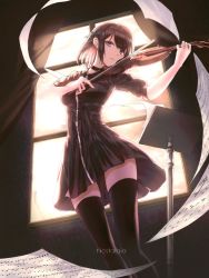 Rule 34 | 1girl, bad id, bad twitter id, black dress, black hair, black pantyhose, black thighhighs, blue eyes, bow, bow (music), closed mouth, curtains, dress, hair bow, highres, holding, holding instrument, holding violin, indoors, instrument, looking at viewer, music, music stand, neon (hhs9444), original, pantyhose, perspective, playing instrument, sheet music, short hair, short sleeves, solo, standing, thighhighs, violin, window