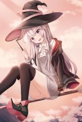 Rule 34 | 1girl, :d, absurdres, arm support, ass, bad id, bad pixiv id, black footwear, black hat, black jacket, black thighhighs, blue eyes, blurry, blurry background, blush, broom, broom riding, commentary request, dress, elaina (majo no tabitabi), grey hair, hand up, hat, highres, holding, holding wand, jacket, jacket on shoulders, long hair, long sleeves, looking at viewer, majo no tabitabi, open clothes, open mouth, outdoors, over-kneehighs, panties, pantyshot, pink footwear, purple eyes, shirt, shoes, sitting, smile, solo, teeth, thighhighs, two-tone footwear, underwear, upper teeth only, wand, white panties, witch hat, zeroillya