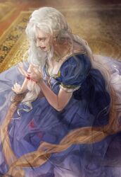 Rule 34 | 1girl, albino, arms up, blood on clothes, blood on hands, blue dress, closed eyes, crying, dress, hand up, long hair, official art, open mouth, rashta ishka, sitting, solo, the remarried empress, very long hair, white dress, white hair