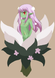 Rule 34 | 1girl, alraune, blush, brown background, flat chest, flower, long hair, looking at viewer, maze (gochama ze gohan), monster girl, navel, nipples, nude, original, pink hair, plant girl, pointy ears, red eyes, simple background, solo
