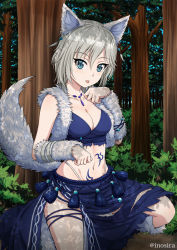 Rule 34 | 1girl, :p, anastasia (idolmaster), animal ears, blue eyes, blue skirt, blush, boots, breasts, bush, cleavage, collarbone, crop top, dappled sunlight, day, detached sleeves, fake animal ears, forest, fur, fur-trimmed boots, fur sleeves, fur trim, hair between eyes, idolmaster, idolmaster cinderella girls, inoshira, jewelry, knee boots, leg up, looking at viewer, medium breasts, nature, navel, necklace, paw pose, pubic tattoo, short hair, short sleeves, silver hair, skirt, solo, standing, standing on one leg, stomach, stomach tattoo, sunlight, tail, tassel, tattoo, thigh strap, thong, tongue, tongue out, torn clothes, torn skirt, tree, twitter username, wolf ears, wolf tail