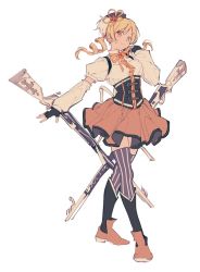 Rule 34 | 1girl, beret, blonde hair, blush, boots, breasts, brown thighhighs, commentary request, corset, detached sleeves, drill hair, fingerless gloves, full body, gloves, gun, hair ornament, hairpin, hat, korean commentary, long hair, looking at viewer, magical girl, magical musket, mahou shoujo madoka magica, mahou shoujo madoka magica (anime), medium breasts, penguyeon, pleated skirt, puffy sleeves, skirt, smile, solo, standing, striped clothes, striped thighhighs, thighhighs, tomoe mami, twin drills, twintails, vertical-striped clothes, vertical-striped thighhighs, weapon, white background, yellow eyes