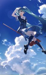 Rule 34 | 1girl, absurdres, aqua eyes, aqua hair, black socks, blue sky, cloud, cloudy sky, commentary request, day, flying, hair ornament, hatsune miku, highres, karasuro, kneehighs, long hair, open mouth, project sekai, skirt, sky, smile, socks, solo, tagme, thighhighs, twintails, very long hair, vocaloid, witch