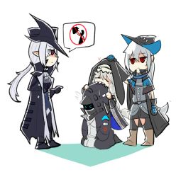 Rule 34 | 1other, 3girls, ambiguous gender, arknights, biting, cape, chibi, closed mouth, doctor (arknights), gladiia (arknights), gloves, habit, hat, long hair, multiple girls, omo (h98013114), pointy ears, ponytail, red eyes, silver hair, skadi (arknights), specter (arknights)