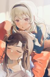 Rule 34 | 2girls, :o, black hairband, black jacket, blonde hair, blurry, blurry background, blush, bow, brown eyes, brown hair, closed eyes, closed mouth, collarbone, commentary request, elbow rest, hair bow, hair ornament, hairband, half updo, hand on another&#039;s head, hand up, highres, indoors, jacket, long hair, long sleeves, looking at another, lying, multiple girls, nijiko (c2cs4q), on back, on stomach, parted lips, pillow, saijou claudine, shirt, shoujo kageki revue starlight, sidelocks, striped clothes, striped jacket, sweatdrop, tendou maya, track jacket, twitter username, upper body, wavy hair, wavy mouth, white bow, white shirt, x hair ornament