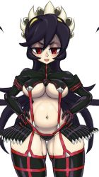 Rule 34 | 1girl, 4m4y0r1, black hair, blush, breasts, cosplay, cowboy shot, filia (skullgirls), gloves, groin tendon, half-closed eyes, hands on own hips, kill la kill, large breasts, long hair, matoi ryuuko, matoi ryuuko (cosplay), navel, plump, red eyes, revealing clothes, senketsu, senketsu (cosplay), shrug (clothing), skullgirls, solo, thick thighs, thighs, underboob, white background