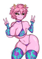 Rule 34 | 1girl, absurdres, artist name, ashido mina, bikini, black sclera, blush, boku no hero academia, breasts, collarbone, colored sclera, colored skin, curvy, darboo, double v, highres, horns, large breasts, lip biting, looking at viewer, naughty face, pink hair, pink skin, short hair, smile, solo, swimsuit, thick thighs, thighhighs, thighs, v, white background, yellow eyes