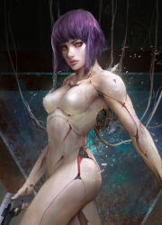 Rule 34 | 1girl, breasts, cable, commentary, commission, cyberpunk, cyborg, derivative work, english commentary, ghost in the shell, gun, handgun, highres, holding, holding gun, holding weapon, kusanagi motoko, lips, looking at viewer, machinery, mechanical parts, medium breasts, purple hair, realistic, red eyes, science fiction, thedurianart, upper body, weapon, wire