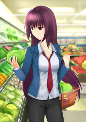 Rule 34 | 1girl, basket, black pants, blue jacket, breasts, casual, cleavage, cowboy shot, dndlga, dress shirt, fate/grand order, fate (series), food, holding, holding food, indoors, jacket, long hair, medium breasts, necktie, open clothes, open jacket, pants, purple hair, red eyes, red necktie, scathach (fate), shirt, solo, standing, supermarket, very long hair, white shirt