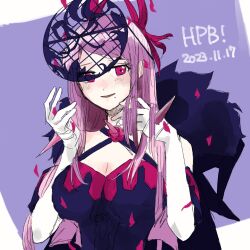 Rule 34 | 1girl, 2023, breasts, cleavage, cleavage cutout, clothing cutout, dated, dress, elbow gloves, fascinator, female focus, fire emblem, fire emblem engage, fur trim, gloves, happy birthday, highres, ivy (fire emblem), k2aor, large breasts, long hair, medium breasts, mole, mole under mouth, nintendo, open mouth, purple eyes, purple hair, smile, solo, upper body, white gloves