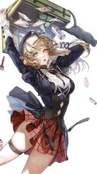 Rule 34 | 1girl, bag, beret, black cat, blonde hair, blue eyes, breasts, cat, eye piercing, feet out of frame, hand in own hair, hat, heterochromia, highres, holding, holding bag, kim eb, legs, long hair, looking at viewer, open mouth, original, red skirt, school uniform, skirt, solo, standing, standing on one leg, white background, yellow eyes