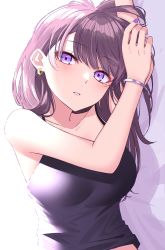 Rule 34 | 1girl, absurdres, arm across chest, arm rest, arm up, backlighting, blush, bracelet, breasts, brown hair, collarbone, commentary request, earrings, highres, ichiki 1, jewelry, large breasts, long hair, looking at viewer, lying, midriff peek, mole, mole under eye, nail polish, on side, original, parted lips, purple eyes, purple nails, purple shirt, shadow, shirt, sleeveless, sleeveless shirt, smile, solo