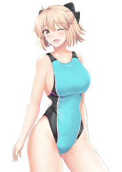 Rule 34 | 1girl, absurdres, ahoge, arikawa rui, black bow, black one-piece swimsuit, blue one-piece swimsuit, bow, breasts, collarbone, competition swimsuit, covered navel, cowboy shot, fate (series), hair bow, half updo, highleg, highleg swimsuit, highres, large breasts, looking at viewer, multicolored clothes, multicolored swimsuit, okita souji (fate), okita souji (koha-ace), one-piece swimsuit, one eye closed, open mouth, simple background, solo, swimsuit, white background