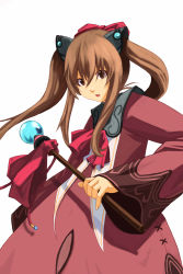 Rule 34 | 1girl, bad id, bad pixiv id, bow, bowtie, brown hair, cowboy shot, dress, holding, holding wand, kuro (1968), kuro (artist), long hair, long sleeves, looking at viewer, lymle lemuri phi, orb, red bow, red bowtie, red dress, sidelocks, simple background, solo, star ocean, star ocean the last hope, very long hair, wand, white background