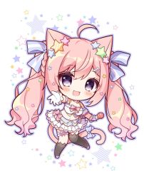 Rule 34 | 1girl, ahoge, animal ears, black thighhighs, blue bow, bow, braid, breasts, bridal garter, cat ears, cat girl, cat tail, chibi, cleavage, commentary request, crop top, crown braid, enomiya milk, enomiya miruku, gloves, hair between eyes, hair bow, hair ornament, holding, holding microphone, leg up, long hair, looking at viewer, medium breasts, microphone, midriff, navel, neck ribbon, noripro, open mouth, outstretched arm, pink hair, purple eyes, ribbon, ryuuka sane, sidelocks, simple background, skirt, solo, star (symbol), star hair ornament, starry background, tail, tail bow, tail ornament, thighhighs, twintails, virtual youtuber, white background, white gloves