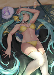 Rule 34 | 1girl, arm up, armpits, bare shoulders, bikini, blush, covered erect nipples, detached collar, fate/grand order, fate (series), fou (fate), green hair, hair between eyes, horns, jpeg artifacts, kiyohime (fate), kiyohime (fate/grand order), kiyohime (swimsuit lancer) (fate), kiyohime (swimsuit lancer) (first ascension) (fate), long hair, looking at viewer, lying, navel, on back, oukawa yuu, swimsuit, thighhighs, twintails, very long hair, white thighhighs, yellow bikini, yellow eyes