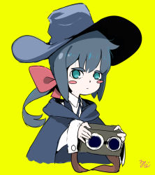 Rule 34 | 1girl, aqua eyes, blue cape, blue hair, blue headwear, blue ribbon, blush, cape, closed mouth, collared shirt, constanze amalie von braunschbank-albrechtsberger, hat, little witch academia, low ponytail, red ribbon, ribbon, shirt, thick eyebrows, vaiomx90, witch, witch hat, yellow background