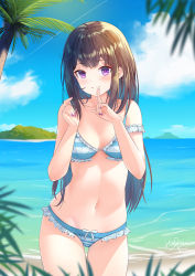 Rule 34 | 1girl, absurdres, arm garter, bare arms, bare shoulders, beach, bikini, blue bikini, blue sky, blush, borrowed character, breasts, brown hair, character request, cloud, collarbone, copyright request, cowboy shot, dated, day, finger to mouth, fingernails, frilled bikini, frills, hands up, highres, hkd, long hair, looking at viewer, medium breasts, nail polish, navel, ocean, outdoors, palm tree, purple eyes, purple nails, signature, sky, smile, solo, standing, stomach, striped bikini, striped clothes, swimsuit, thighs, tree, water