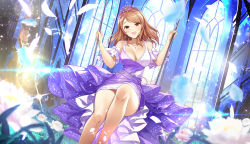 Rule 34 | 1girl, :d, bare legs, blush, breasts, brown eyes, brown hair, cleavage, collarbone, detached sleeves, dress, dutch angle, feet out of frame, flower, glowing, head tilt, highres, hojo karen, idolmaster, idolmaster cinderella girls, indoors, jewelry, knee up, large breasts, layered dress, lens flare, long hair, looking at viewer, mk (mod0), necklace, open mouth, petals, purple dress, sitting, smile, solo, sparkle, swept bangs, swing, tiara, white flower, window