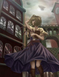 Rule 34 | 1girl, aircraft, airplane, airship, alice margatroid, aqueduct, architecture, bad id, bad pixiv id, blonde hair, blue dress, blue eyes, book, boots, brown footwear, building, capelet, clock, clock tower, clothes lift, cloud, cloudy sky, cross-laced footwear, day, dress, dress lift, flying boat, hairband, hand in own hair, highres, holding, holding book, knee boots, knees, lace-up boots, looking to the side, parted lips, perspective, reflection, ribbon, sakkun2014, short hair, short sleeves, sky, solo, sun, sunlight, touhou, tower, wind