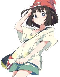 Rule 34 | 1girl, :/, arm up, bag, bare arms, beanie, black hair, blue eyes, blush, bob cut, bright pupils, closed mouth, collarbone, cowboy shot, creatures (company), eyebrows, eyelashes, flat chest, floral print, game freak, green shorts, hand on headwear, handbag, hat, ixy, looking at viewer, nintendo, poke ball theme, pokemon, pokemon sm, red hat, selene (pokemon), shirt, shirt tug, short hair, short sleeves, shorts, simple background, solo, tied shirt, white background, white pupils, yellow shirt