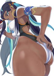 Rule 34 | 1girl, absurdres, armlet, ass, bare shoulders, breasts, competition swimsuit, cowboy shot, creatures (company), dark-skinned female, dark skin, earrings, game freak, gloves, gym leader, hand on own ass, highleg, highres, hoop earrings, jewelry, medium breasts, mi mi ham, nessa (pokemon), nintendo, one-piece swimsuit, poke ball, pokemon, pokemon swsh, single glove, solo, sweat, swimsuit