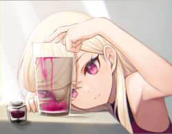 Rule 34 | 1girl, armpits, blonde hair, closed mouth, cup, drinking glass, glass, highres, ink, long hair, nishino eri, original, pink eyes, solo, upper body, water