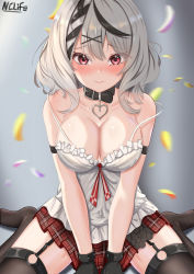 Rule 34 | 1girl, belt collar, black gloves, blush, bow, breasts, cleavage, collar, embarrassed, garter straps, gloves, hair ornament, heart, heart necklace, highres, hololive, holox, jewelry, looking at viewer, multicolored hair, nclife, necklace, off shoulder, plaid, plaid bow, red bow, red eyes, sakamata chloe, sakamata chloe (1st costume), silver hair, skirt, solo, streaked hair, thighhighs, virtual youtuber, x hair ornament