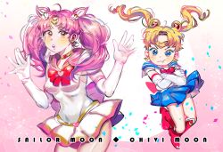 Rule 34 | 2girls, :o, :t, aged down, aged up, annoyed, bishoujo senshi sailor moon, blonde hair, blue eyes, blue sailor collar, blue skirt, boots, bow, brooch, character name, chibi usa, choker, cone hair bun, cowboy shot, crossed arms, double bun, elbow gloves, gloves, hair bun, hair ornament, hairpin, heart, heart brooch, jewelry, knee boots, long hair, magical girl, multicolored clothes, multicolored skirt, multiple girls, nangnak, pink hair, red bow, red eyes, red footwear, sailor chibi moon, sailor collar, sailor moon, skirt, super sailor chibi moon, tiara, tsukino usagi, twintails, typo, white gloves
