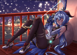 Rule 34 | 1girl, adsouto, ahoge, ass, bare shoulders, blue hair, blush, bodystocking, bodysuit, bow (weapon), breasts, city, closed eyes, detached sleeves, ganyu (genshin impact), genshin impact, gloves, high heels, highres, horns, leotard, long hair, pantyhose, pelvic curtain, shiny clothes, shiny skin, sleeping, solo, very long hair, waist cape, weapon