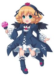 Rule 34 | aka (s3637), blonde hair, boots, bow, candy, cosplay, doll joints, dress, drill hair, food, green eyes, hairband, highres, hinaichigo, joints, knee boots, lollipop, ribbon, rozen maiden, short hair, solo, suigintou, suigintou (cosplay), wings
