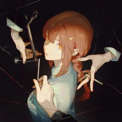 Rule 34 | 1girl, ask (askzy), black background, braid, braided ponytail, breasts, chainsaw man, cigarette, collared shirt, dark, dark background, disembodied hand, highres, holding, holding cigarette, holding weapon, looking at viewer, looking back, makima (chainsaw man), medium breasts, medium hair, red hair, shirt, sidelocks, simple background, smoke, solo focus, string, weapon, white shirt, yellow eyes