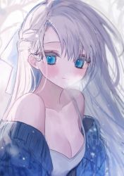 Rule 34 | 1girl, ati o3o, blue eyes, blush, breasts, breath, cleavage, closed mouth, commentary, grey hair, hair ribbon, highres, long hair, looking at viewer, medium breasts, off shoulder, original, ribbon, simple background, solo, symbol-only commentary, tank top, upper body, very long hair, white ribbon, white tank top