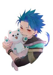 Rule 34 | 1boy, 1other, 4040 (shiii yade), aged down, animal, asymmetrical bangs, blue hair, blush, bracelet, braid, braided ponytail, child, closed mouth, cu chulainn (fate), dog, earrings, fang, fate/grand order, fate/grand order arcade, fate (series), floating hair, grin, highres, holding, holding animal, holding dog, hood, hood down, jewelry, long hair, looking at another, male focus, ponytail, puppy, red eyes, setanta (fate), simple background, slit pupils, smile, spiked hair