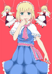 Rule 34 | 1girl, alice margatroid, aqua eyes, bad id, bad pixiv id, blonde hair, capelet, doll, dress, female focus, hairband, hand to own mouth, jewelry, oumi (rsag), puppet rings, puppet strings, red background, ring, sash, shanghai doll, solo, tongue, touhou