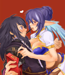 Rule 34 | 00s, 1boy, 1girl, black hair, blue hair, blush, breast press, breasts, couple, elf, food, heart, hetero, judith (tales), large breasts, long hair, midriff, pocky, pocky kiss, pointy ears, purple eyes, red background, red eyes, shared food, sharing, suwe, tales of (series), tales of vesperia, yuri lowell