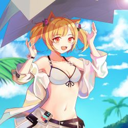 Rule 34 | 1girl, :d, animal ear fluff, animal ears, arknights, bare shoulders, bikini, bikini skirt, blonde hair, blue sky, breasts, cleavage, cloud, commentary, day, flower, groin, hair flower, hair ornament, hands up, highres, jacket, looking at viewer, medium breasts, navel, off shoulder, open clothes, open jacket, open mouth, orange eyes, outdoors, palm tree, pink flower, pink rose, rose, short hair, skirt, sky, smile, solo, sora (arknights), sora (summer flowers) (arknights), stomach, swimsuit, tree, twintails, upper body, uuuu (xinguwu), white bikini, white jacket, white skirt, wolf ears
