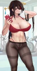 Rule 34 | 1girl, absurdres, alternate breast size, bare shoulders, beidou (genshin impact), black pantyhose, blush, breasts, brown hair, cleavage, collarbone, colored eyepatch, covered erect nipples, eyepatch, genshin impact, hair over one eye, half updo, highres, large breasts, long hair, looking at viewer, loooyd, navel, panties, panties under pantyhose, pantyhose, red eyes, smile, solo, sports bra, thighband pantyhose, thighs, underwear, whale tail (clothing)