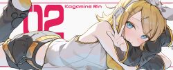 Rule 34 | 1girl, arm warmers, black arm warmers, black leg warmers, black shorts, blonde hair, blue eyes, blush, character name, closed mouth, hair ornament, hairclip, headphones, highres, kagamine rin, leg warmers, looking at viewer, lying, ningen mame, on stomach, short hair, shorts, sleeveless, smile, solo, v, vocaloid