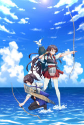 Rule 34 | 10s, 2girls, a.x., absurdres, akagi (kancolle), bad id, bad pixiv id, bird, black legwear, blue skirt, blush, bow, brown eyes, brown hair, day, flight deck, highres, japanese clothes, kaga (kancolle), kantai collection, long hair, multiple girls, muneate, ocean, on one knee, outdoors, parted lips, quiver, red skirt, seagull, short hair, side ponytail, skirt, sky, standing, standing on liquid, straight hair, thighhighs, white legwear, wide sleeves