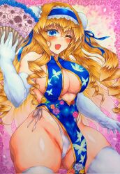 Rule 34 | 1girl, alternate hairstyle, blonde hair, blue eyes, bow, breasts, cecilia alcott, chinese clothes, clothing cutout, double bun, drill hair, female focus, gloves, hair bow, hair bun, hand fan, highres, infinite stratos, large breasts, legs, long hair, looking at viewer, one eye closed, open mouth, smile, solo, thick thighs, thighs, thong, traditional media, underboob, underboob cutout, very long hair, wink