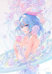 Rule 34 | 1girl, artist name, atdan, bare arms, bare shoulders, blue eyes, blue hair, breasts, cleavage, collarbone, dress, flower, hair flower, hair ornament, haiyi, highres, holding, holding flower, hoop, hula hoop, jellyfish hair ornament, large breasts, looking at viewer, parted lips, pink flower, pink rose, rose, short hair, smile, solo, strapless, strapless dress, synthesizer v, upper body, water, white dress, white flower, white rose